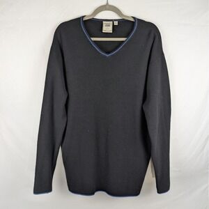 Vtg 100% Wool Country Road Mens Sweater Black Blue‎ Trim V Neck Large Grandpa